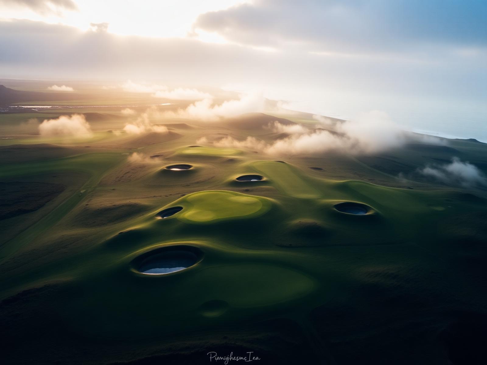 A British links golf course at dawn
